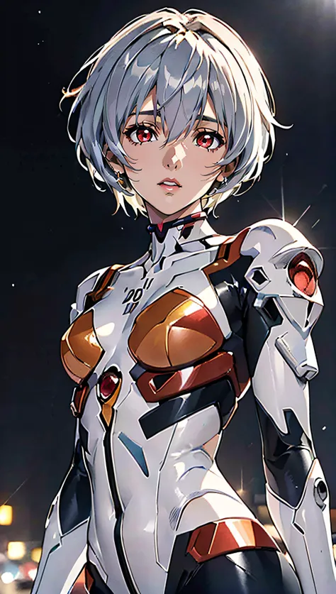 (best quality, masterpiece, colorful, dynamic angle, highest detailed)(Rei Ayanami), upper body photo, fashion photography of cute girl (Rei Ayanami), red eyes, dressing high detailed Evangelion white suit (high resolution textures), in dynamic pose, bokeh...