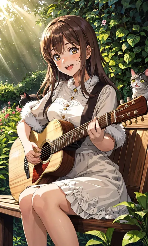 Beautiful anime scene of a cheerful girl with long brown hair, sitting on a wooden porch, playing an acoustic guitar, wearing a light beige dress with intricate patterns, surrounded by two cats, warm sunlight casting soft shadows, detailed textures on clot...