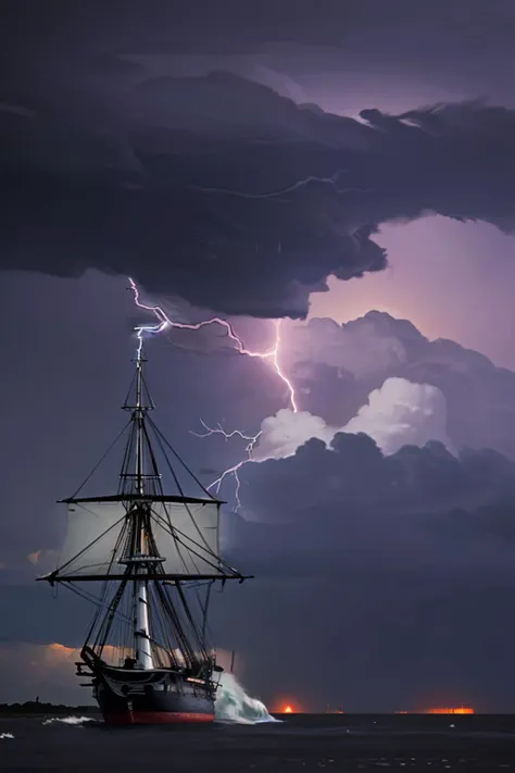 a close up of a boat in the water with a lightning bolt in the sky