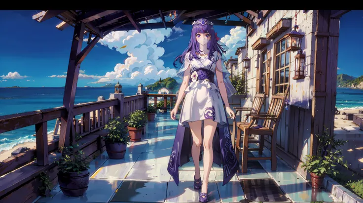 masterpiece,best quality,1girl,veil, purple eyes,wedding dress,  full body,walking,  seaside, <lora:shaosiming-000016:0.6> ,day,