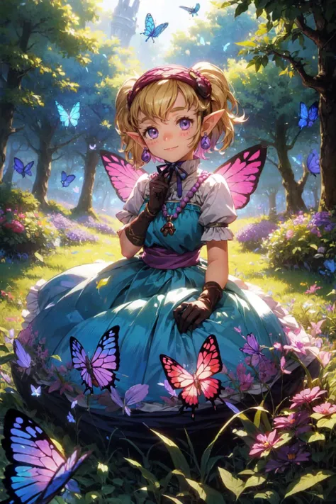 a girl in a blue dress sitting on a rock surrounded by butterflies