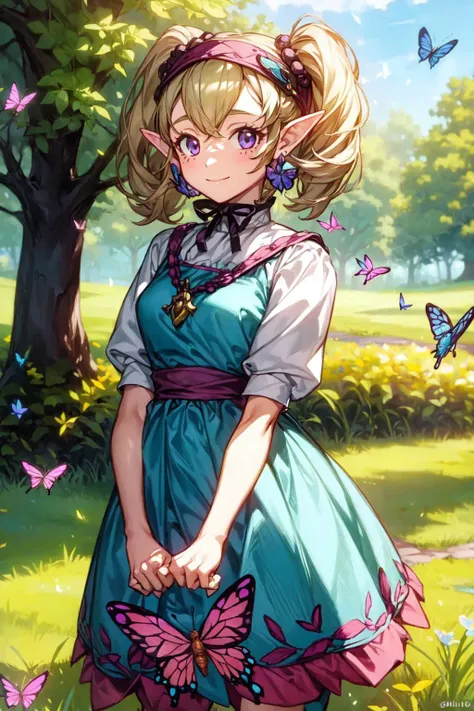 a girl in a blue dress standing in a field with butterflies