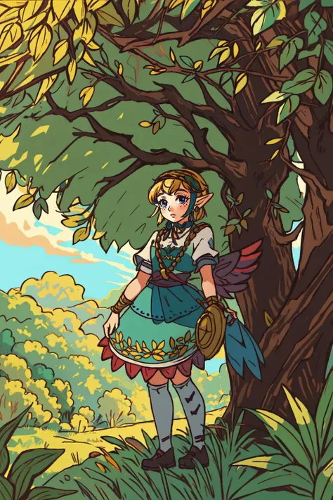 a cartoon girl in a blue dress standing next to a tree