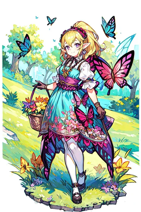 a girl in a dress and butterfly wings holding a basket