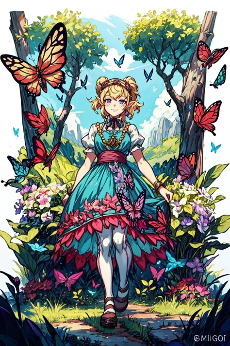 a girl in a dress with butterflies and flowers in the background