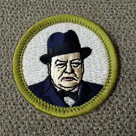 embroidered patch of Winston Churchill , in meritbadge style, simple background, extremely detailed <lora:meritbadge_StyleXLv7.0:1>