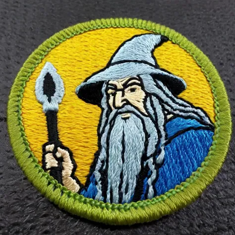 macro photograph of a circular embroidered patch of Gandalf  ,  in meritbadge style, plain background, extremely detailed, contrasting complementary colors, vignette, symmetry, centered, <lora:meritbadge_StyleXLv7.0:1>