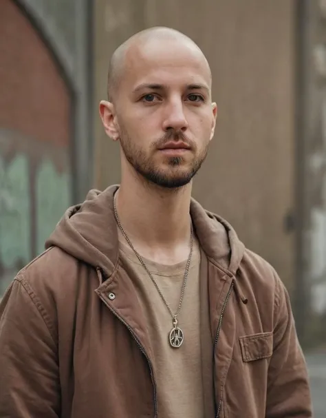 portrait, young man, bald, beard, brown jacket, hoodie, peace pendant, intense gaze, looking sideways, natural daylight, shallow depth of field, blurred background, outdoors, urban environment, graffiti, street vibe, casual style, zipper, backpack strap, c...