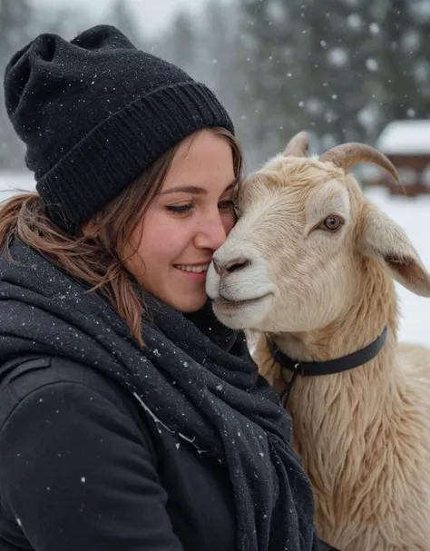 woman, goat, hugging, affection, snow, winter, outdoor, candid, warm clothing, hat, scarf, smiling, animal bond, close-up, genuine emotion, cold weather, friendship, woolen scarf, black coat, backpack, visible breath, light snowfall, bokeh background, huma...