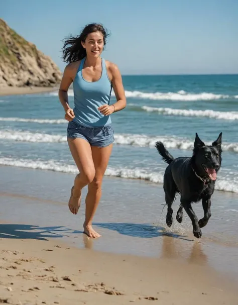 woman running on beach, black dog, sand, ocean, sunny day, active lifestyle, exercise, summer, casual sportswear, tank top, shorts, female, young adult, motion, shoreline, clear sky, daytime, outdoor recreation, fitness, landscape background, nature, compa...