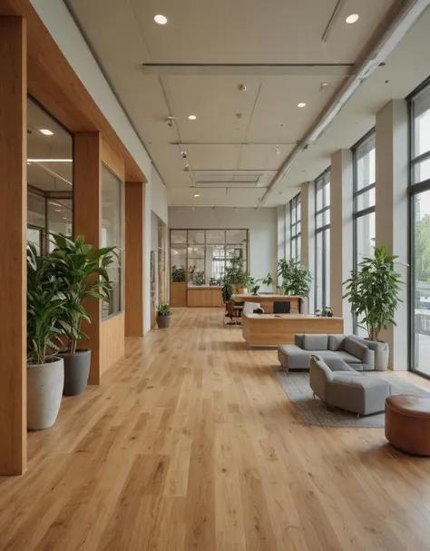 modern office lobby, spacious interior, large windows, natural light, wooden floor, recessed lighting, glass partitions, contemporary furniture, office computers, waiting area, lounge seating, indoor plant, column, industrial ceiling, open concept, woman s...