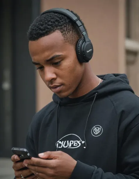 African American male, young adult, wearing headphones, holding smartphone, looking at screen, black sweatshirt with logo, ear stud, wristwatch, focused expression, urban background, shallow depth of field, natural light, moody tones, desaturated colors, c...