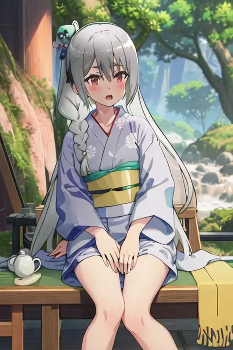 best quality, masterpiece, highres, solo, {yukata:1.40}, {kimono:1.20}, {maidena_ange_futokunoguild:1.15}, long_hair, grey_hair, red_eyes, blush, braid, open_mouth, hair_between_eyes