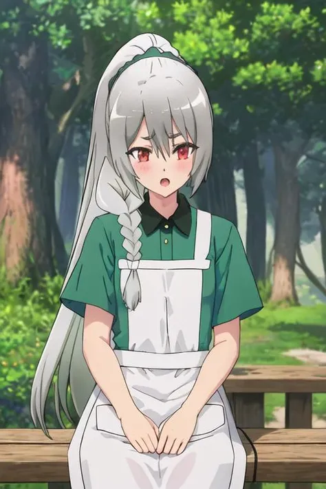 best quality, masterpiece, highres, solo, {maidena_ange_futokunoguild:1.15}, long_hair, grey_hair, red_eyes, blush, braid, open_mouth, hair_between_eyes, 1girl, apron, ponytail, shirt, collared_shirt, white_shirt, yellow_background