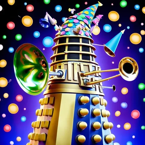 <lora:dalek:1.1> dalek, (wearing a party hat:1.4), confetti, (playing a trombone:1.3)