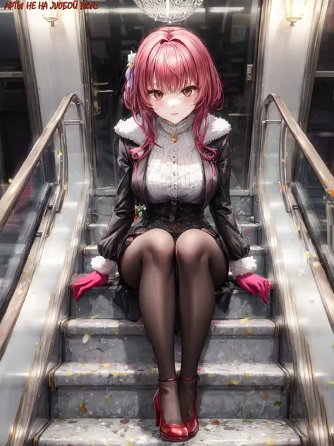 anime girl sitting on stairs with pink hair and black stockings