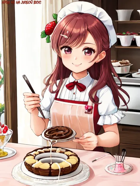 anime girl in aprons holding a knife and a plate of food