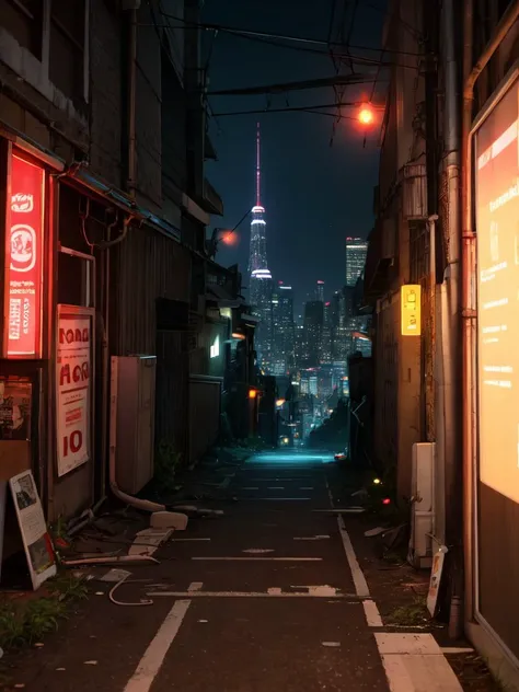 arafed alley with a neon sign and a city in the background