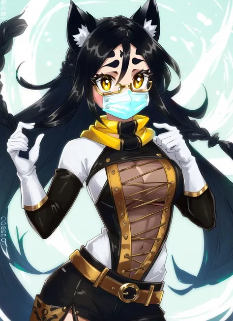 ((best quality)), ((highly detailed)), masterpiece, (detailed eyes, deep eyes), (1girl), (glasses), upper body, (panther girl), panther ears, panther tail, black hair, (((ebony skin:1.5))), ((yellow colored eyes)), very long hair, braided hair, athletic, l...