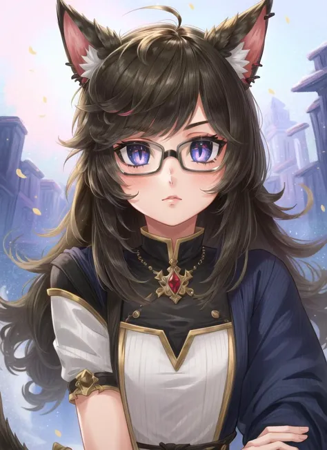 ((best quality)), ((highly detailed)), masterpiece, detailed face, beautiful face, (detailed eyes, deep eyes), (1girl), (glasses), cowboy shot, <lora:hairdetailer:.9>, cat girl, cat ears, cat tail, , <lora:slit-pupils:1>, snake eyes, <lora:3Q-v3:.7>