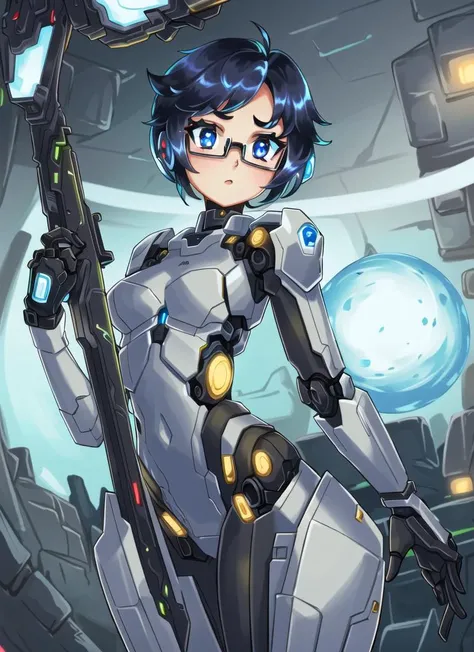 ((best quality)), ((highly detailed)), masterpiece, extremely detailed face, beautiful face, (detailed eyes, deep eyes), (1girl), (glasses), cowboy shot, ((cyborg)), cybernetics, robot limbs, (aluminum_(material)), navel, lights, LEDs, ball-joints, doll-li...