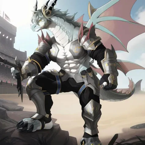 a close up of a dragon with a helmet and armor