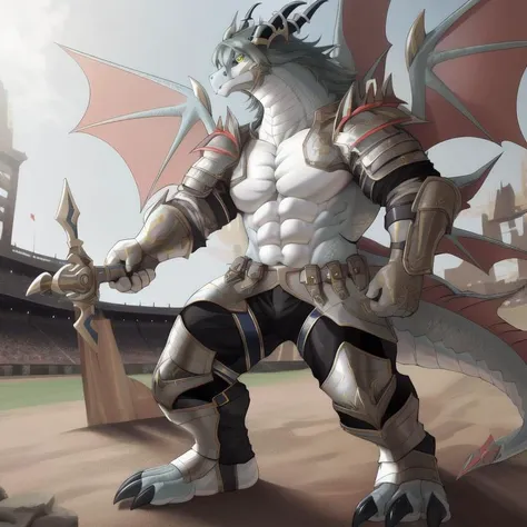 a close up of a dragon with a sword and armor