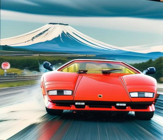 Countach drifting around corner in Japanese countryside, mount fuji in the background, smoke from rear tires, front wheels turned, overhead shot, raining, in motion, motion blur , film overlay, film grain , cardrifting , retro art style, neon_pop art style...