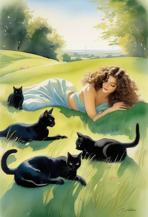 Painting by Milo Manara, a naked woman with long curly hair lies in the green grass on a rolling hill, one black cat and three white cats watches over her.
Bright sunlight, soft colours of green and blue, using water colours, 
(4k quality, masterpiece), be...