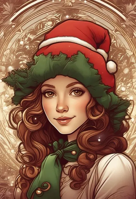 An adorable young woman dressed in christmas themed clothes, christmas accessories, art nouveau style, by dan mumford, by leonardo da vinci, dynamic light and shadow, digital art