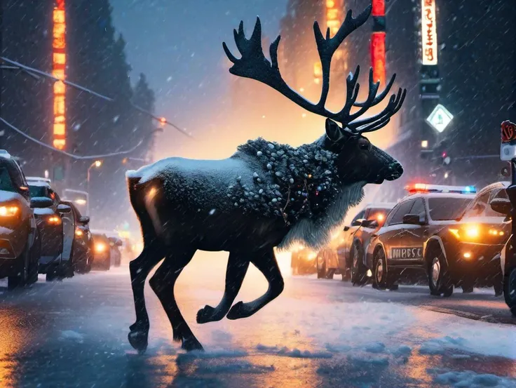 masterpiece, 8K,( a reindeer running in the middle of the street fully of people), police cars with emergency lights on, city night, snowing