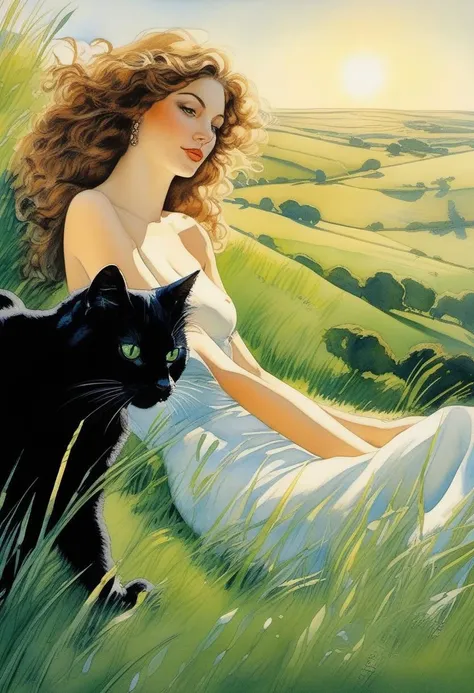 Painting by Milo Manara, a naked woman with long curly hair lies in the green grass on a rolling hill, one black cat and three white cats watches over her.
Bright sunlight, soft colours of green and blue, using water colours, 
(4k quality, masterpiece), be...