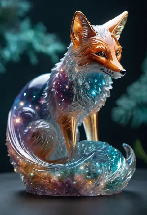 a close up of a figurine of a fox with a colorful tail