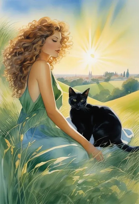 Painting by Milo Manara, a naked woman with long curly hair lies in the green grass on a rolling hill, one black cat and three white cats watches over her.
Bright sunlight, sun glare, soft colours of green and blue, using water colours, wet colours, 
(4k q...