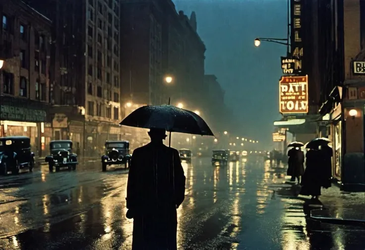 ASCIIevening rain,empty,1930, crowded street, kodachrome, woman, helmet, intricate monolith, film still, dystopian city, street view, centered, realistic, futuristic past, metropolis, depression, darkness, harbor, (film grain:1.3),(analog image:1.3),perfec...