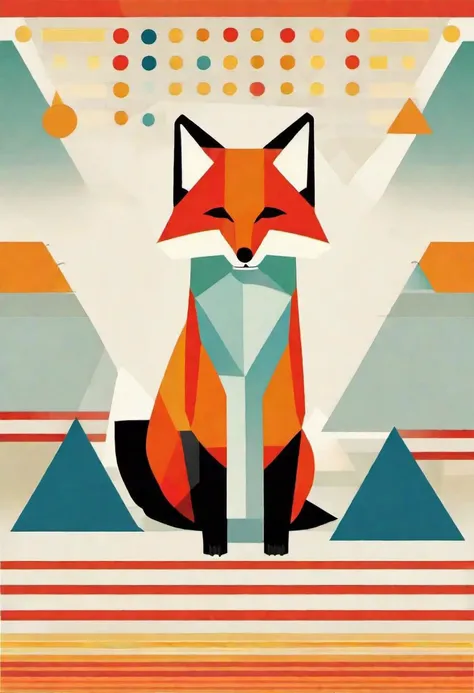 a red fox, bauhaus print, abstract art, shapes, bold colors, art deco, circles, squares, triangles, lines, gradients, primary colors, secondary colors, stylized, flat design, shadows, minimalistic, modernist, futurism, dynamic compositions, zigzag lines, b...