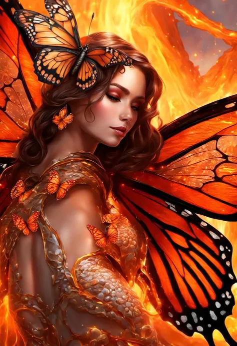 a woman with a butterfly wings and a fire dress