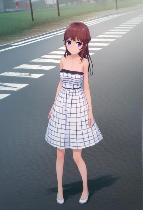 <lora:Uta_Ushibori_from_LiL:0.8>, dress_uta, 1girl, solo, purple eyes, smile, strapless, outdoors, looking at viewer, road, crosswalk, full body, day, medium breasts, closed mouth, score_9, score_8_up, score_7_up, score_6_up, score_5_up, score_4_up