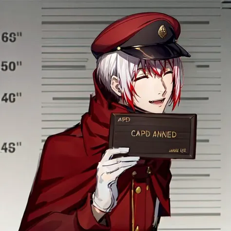 anime character holding up a card with a mugshot in front of him