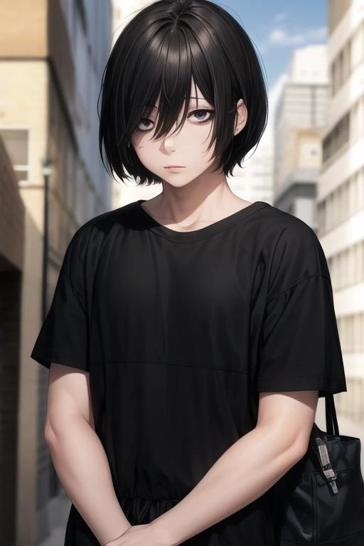 masterpiece, best quality, , 1boy, solo, male focus, looking at viewer, upper body, , <lora:shuuji_nakaumi:0.70>, shuuji_nakaumi, black hair, bags under eyes, black eyes, pajamas