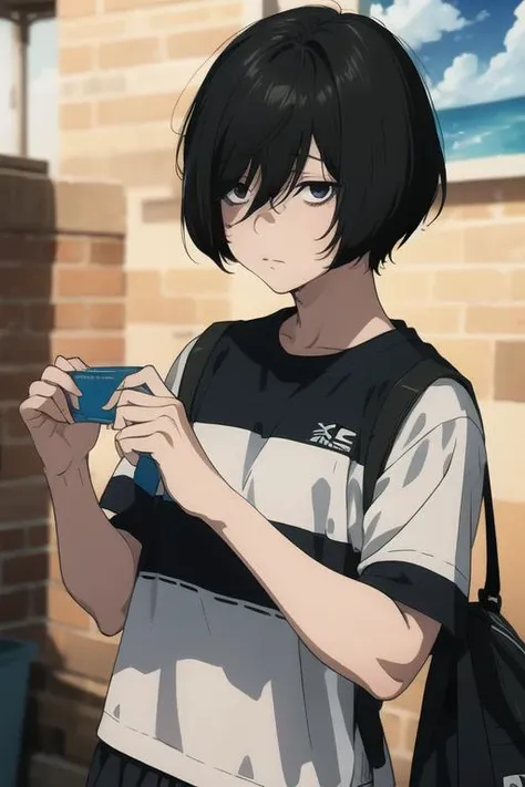 masterpiece, best quality, illustration, 1boy, solo, male focus, looking at viewer, upper body, depth of field, <lora:shuuji_nakaumi:0.72>, shuuji_nakaumi, black hair, bags under eyes, black eyes, sportswear