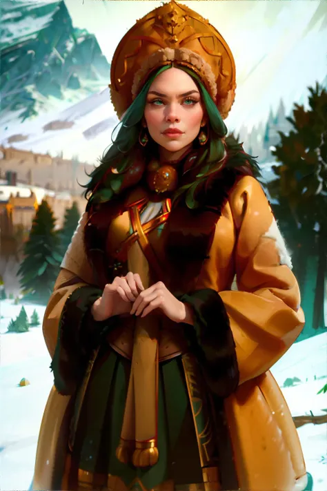 <lora:slavicfantasy:0.6>, slavic style, beautiful young woman, tan coat with fur trim, black skirt with green and gold details, fur hat, snowy landscape, winter || masterpiece, perfect quality, sharp focus, shallow depth of field, 8k