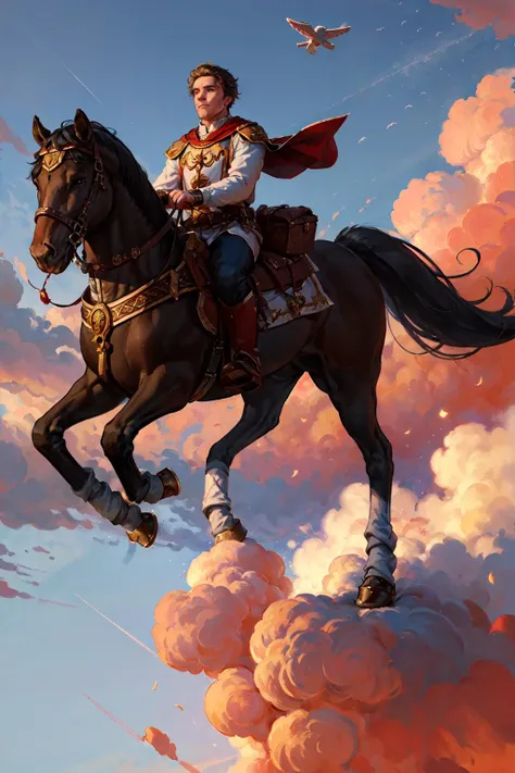 from above, 1boy, young man riding pony, white tabard with red ornament, flight, blue sky, clouds. <lora:sxz-slavic-fantasy:0.7>