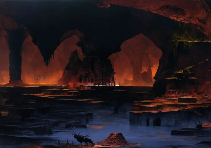 Wayne Barlowe style, masterpiece, oil on canvas, brimstone fortress of ultimate darkness viewed from afar, rows of brick buildings below, urban capital of hell, evil cavernous hellscape, ancient:technology obsidian architecture <lora:Wayne_Barlowe_ArtStyle...