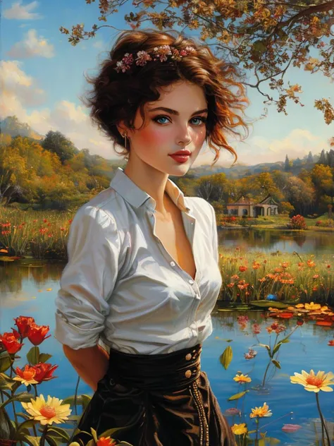 masterpiece,best quality, upper body,  a skinny girl aged 20yo, (cute_freckles:0.4), perfect eyes, pond, lewd, Blazer, arms behind back,
 <lora:tbh129-:0.8> illustration , oil painting , style of Michael Cheval