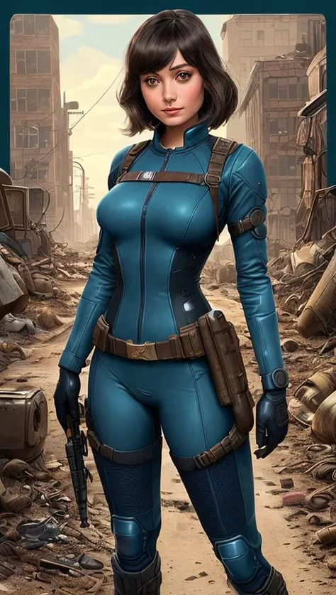 Fallout style, Illustration (caricature),  EllaPurnell1,  large breasts, toned trim body, nude, (long black straight hair with bangs1.5), smileing, sexy look, coy,  (.5 blue  fallout suit),(.5 nude), in a fallout wasteland, Fallout, mort drucker, alex gard...