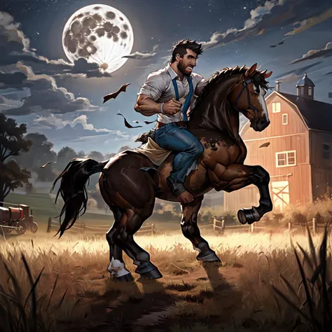 there is a man riding a horse in a field with a barn in the background