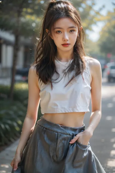 a woman in a white top and grey skirt standing on a sidewalk