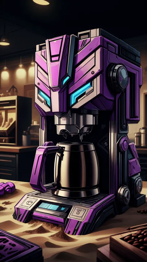 flat style, toon, <lora:TransformersStyle:0.9> TransformersStyle Sand, Purple, coffee machine <lora:LowRa:0.3> <lora:add_detail:0.5>