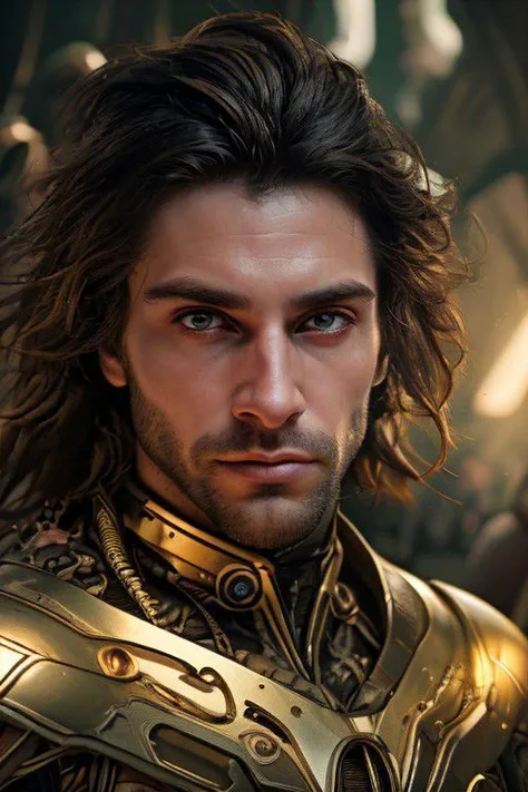 a man with long hair and a beard in armor